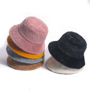 female winter warm thick women solid color custom logo plush fuzzy furry fluffy Faux Fur Bucket Hat