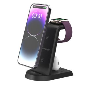 Low Price Fast 3 In 1 Cellphone Mobile Wireless Phone Charger Stand Black Custom Logo For Iphone 15 14 13