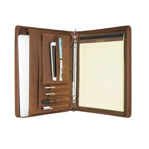 Custom Zipper Padfolio Folder A4 Notebook Leather Cover Agenda Planner Genuine Leather Padfolio Organizer With 3 Ring Binder