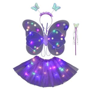 Glowing Butterfly Wings Four-piece set includes: light-up wings, light-up skirt, light-up headband, fairy wand