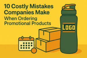 Editorial-style vector illustration showing a branded tumbler with a pixelated logo, symbolizing the costly mistake of ordering promotional products without samples. The design uses bold yellow tones with clear margins all around, representing poor quality swag arriving before an event.