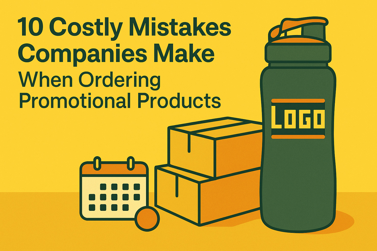 Editorial-style vector illustration showing a branded tumbler with a pixelated logo, symbolizing the costly mistake of ordering promotional products without samples. The design uses bold yellow tones with clear margins all around, representing poor quality swag arriving before an event.