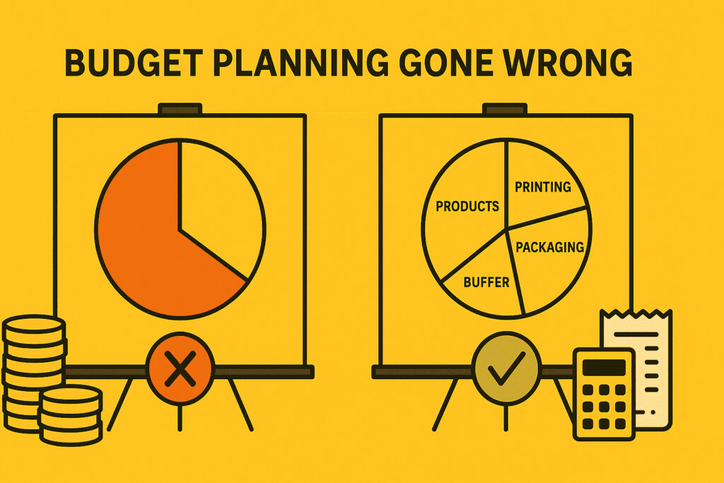 Vector infographic with two pie charts: on the left, an unbalanced chart showing most of the budget spent only on products with a red “X”; on the right, a balanced chart labeled “Products,” “Printing,” “Packaging,” and “Buffer,” with a green check, plus icons of coins, a calculator, and a receipt.