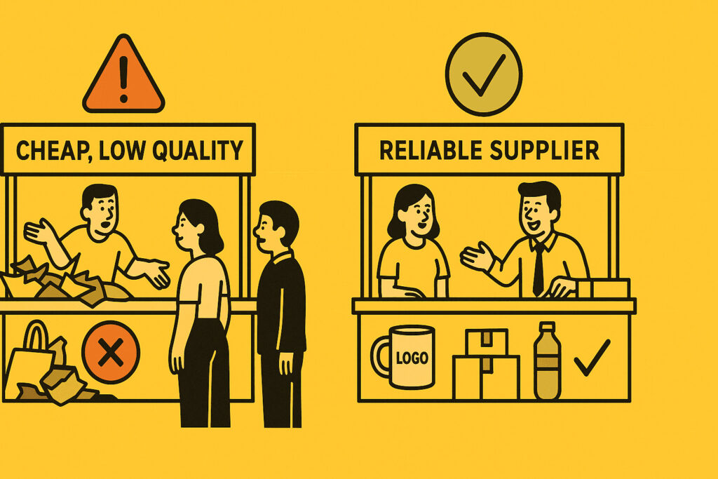 Vector illustration showing two supplier booths: one labeled “Cheap, Low Quality” with messy products and a red warning icon, and another labeled “Reliable Supplier” with neat products, happy vendors, and a green check mark, highlighting the risks of choosing the wrong supplier.