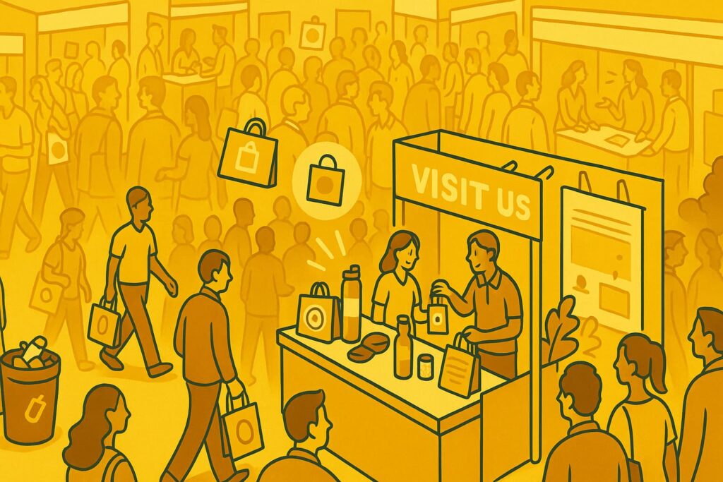 Trade show booth with promotional giveaways attracting attendees carrying branded shopping bags