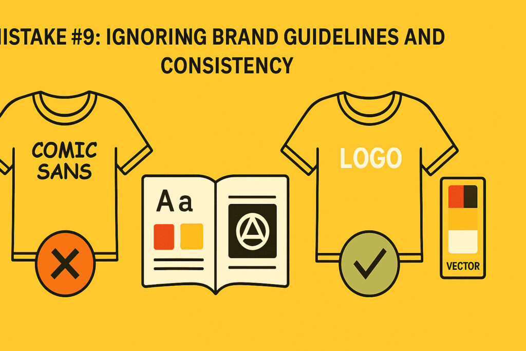 Vector illustration with two T-shirts: on the left, a shirt using Comic Sans font marked with a red “X”; on the right, a shirt with the correct logo and brand colors marked with a green check. Below, a brand style guide with fonts, swatches, and logo examples reinforces brand consistency.