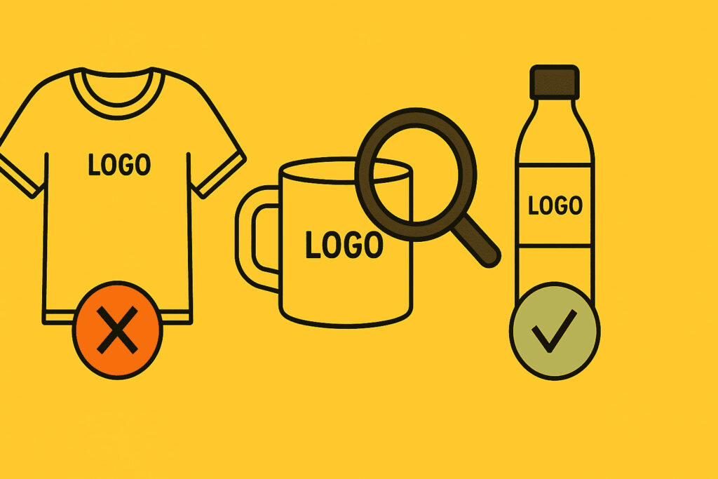 Vector illustration showing three promotional items: a t-shirt with an off-center logo marked with a red “X,” a mug with a faded logo under a magnifying glass, and a water bottle with a correctly placed clear logo marked with a green check, emphasizing the importance of print quality and placement.