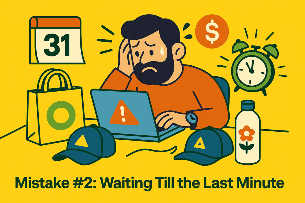 Vector illustration showing a stressed marketer surrounded by clocks, urgent shipping boxes, and a countdown calendar, symbolizing the risks and costs of last-minute promotional product orders. Bright yellow editorial style with clean modern visuals.