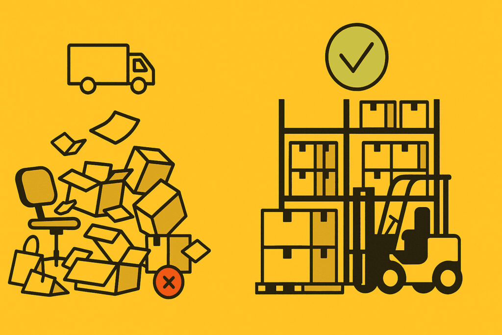 Vector illustration showing two contrasting storage setups: on the left, a chaotic office cluttered with boxes and papers marked with a red “X”; on the right, an organized warehouse with neatly stacked boxes, shelves, and a forklift, marked with a green check, plus a truck icon for logistics planning.