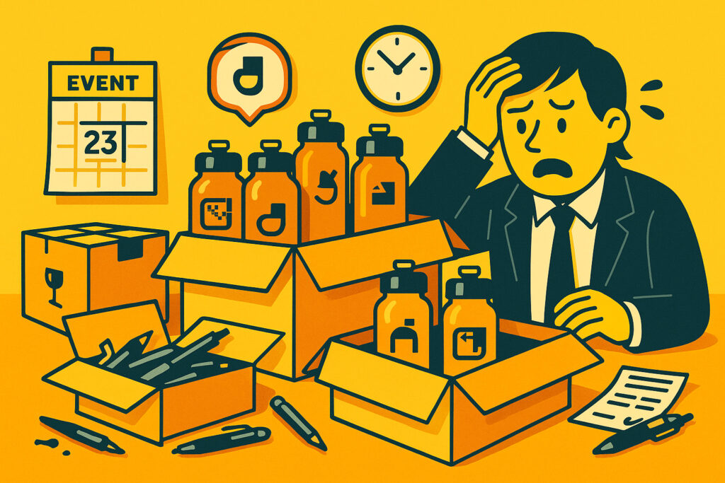 Editorial-style vector illustration showing a branded tumbler with a pixelated logo, symbolizing the costly mistake of ordering promotional products without samples. The design uses bold yellow tones with clear margins all around, representing poor quality swag arriving before an event.