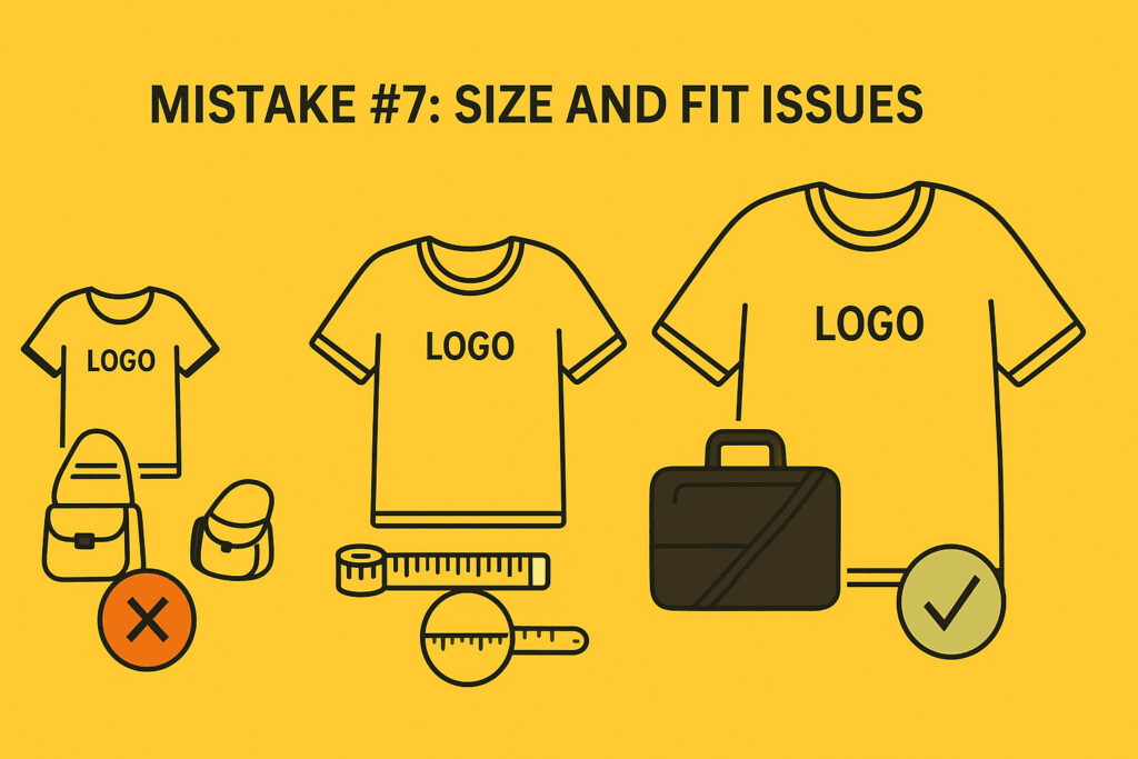 Vector illustration of T-shirts in different sizes: on the left, a too-small shirt with a tiny bag marked with a red “X”; in the center, a correctly sized shirt with rulers and measurement icons; on the right, an oversized shirt shown next to a laptop bag with a green check, emphasizing the importance of proper fit.